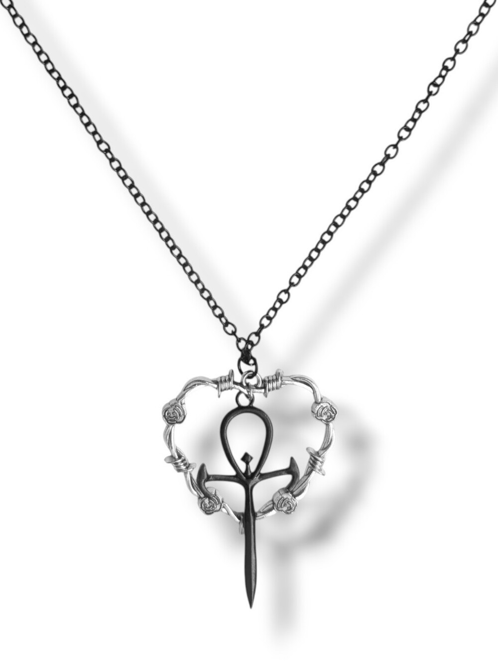 NWT Handmade Large Silver Heart Barbed Wired and Black Ankh Long Layered Necklac